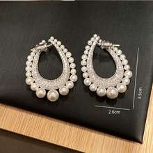 2pcs Fashionable Exaggerated U-Shape Cutout & Simple Rhinestone Inlaid Statement Earrings (European And American Style) - Silver - View 4