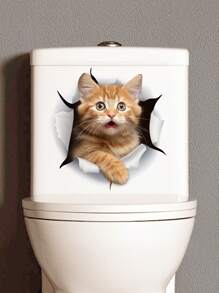 2024夾邊卡通3d破牆貓廁所貼紙廁所浴室裝飾貼紙 - 彩色 - 查看 1