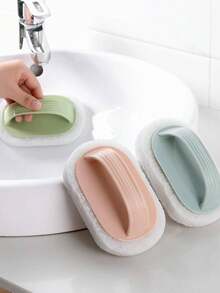 1pc Handle Cleaning Brush For Bathroom Tile Cleaning, Kitchen Pot Washing, Magic Sponge Cleaning For Bathtub - Green - View 3