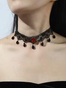 Yunxu 1條黑色蕾絲頸鍊,復古水晶吊墜頸鍊,朋克紅寶石頸鍊,女性配飾 - 彩色 - 查看 1
