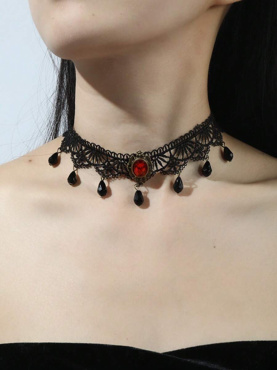 Yunxu 1條黑色蕾絲頸鍊,復古水晶吊墜頸鍊,朋克紅寶石頸鍊,女性配飾 - 彩色 - 查看 1