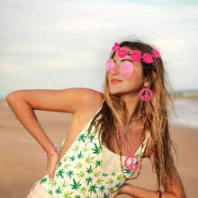 6入組嬉皮風格服飾套裝,包括節日和生日派對道具,和平標誌耳環、項鍊、頭帶,波西米亞穿搭配件 - 玫紅色 - 查看 7