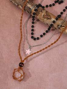 3件套黑珍珠、天然水晶、原石网编吊坠项链，复古风可调节网编绳吊坠项链，粉色星星项链，百搭个性Y2K女士项链 - 粉色 - 查看 2