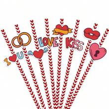 24pcs Valentine's Day Themed Red Heart Paper Straws, Wedding Party Supplies, Disposable Straws For Beverages, Cocktails, Engagement, Birthday, Mother's Day, Home Party - Red - View 1