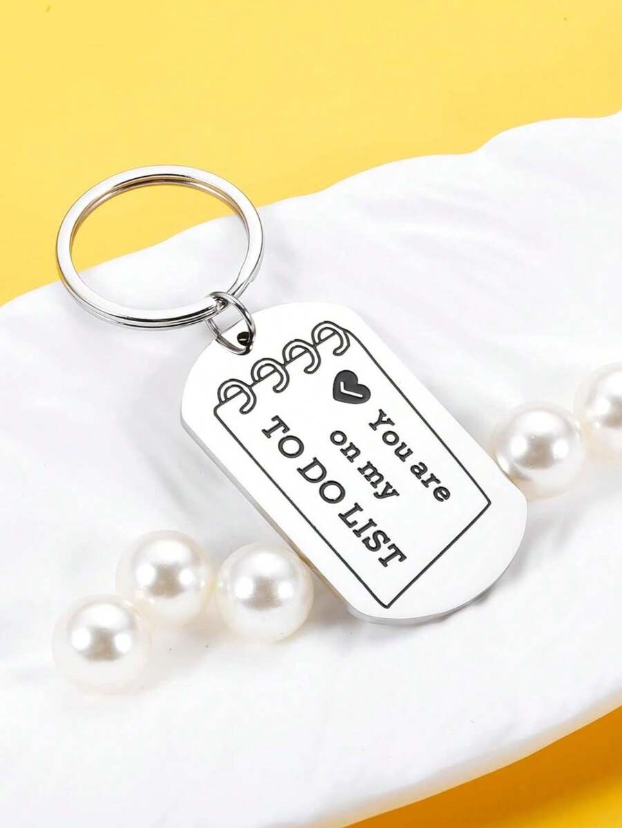 1入不分男女用不銹鋼鑰匙扣,刻有「你在我的要做清單上」的話語,情侶情人節禮物 - 銀色 - 查看 1