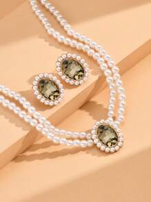 2入組復古優雅珍珠項鍊和耳環套裝，歐美風格，青蘋果綠雙層鎖骨鏈，女士珠寶，項鍊和耳環套裝，另有3入組和單項鍊類別可選