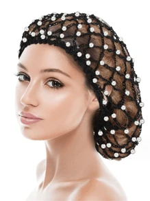 1Pc Hair Snoods For Women Hair Bonnet Mesh Crochet Hair Net With Pearl Rayon Hairnet Hair Wrap Hair Cover Ornament Rayon Knit For Sleeping (Black) - Black - View 1