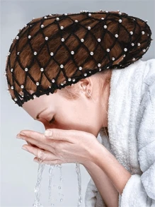 1Pc Hair Snoods For Women Hair Bonnet Mesh Crochet Hair Net With Pearl Rayon Hairnet Hair Wrap Hair Cover Ornament Rayon Knit For Sleeping (Black) - Black - View 3