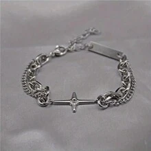 Hip Hop Style Fallen Star Metal Bar Charms Chain Bracelet For Men - Silver - View 6