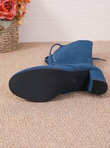 女士中筒靴，时尚系带罗马骑士风格靴，纯色时尚系带粗跟休闲中筒靴，休闲冬季圆头粗高跟系带时尚靴 - 藍色 - 查看 7