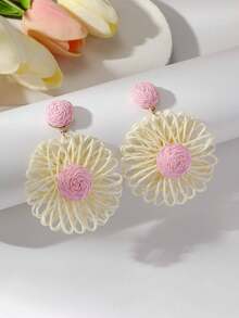 1pair Bohemian Rattan Weave Sunflower Dangle Earrings, Perfect For Summer Beach Outfit, Handmade Jewelry For Women - Multicolor - View 5