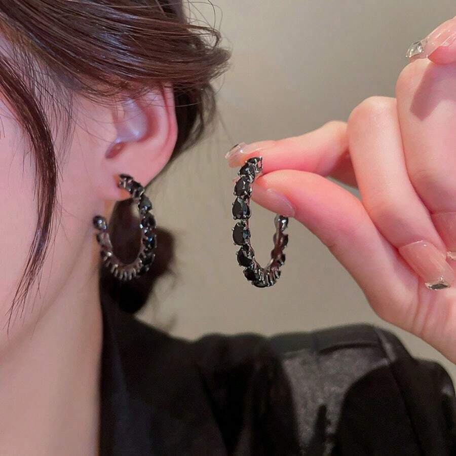 1 Pair 925 Silver Needle/ Drop Design C-Shaped Earrings, For Women'S Daily Jewelry Collection & Gift Giving On Festival Occasions - Black - View 1