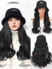 帶帽合成長波浪女士假髮，秋冬羊毛針織桶帽假髮，適用於女性和女孩 - 黑色 - 查看 1