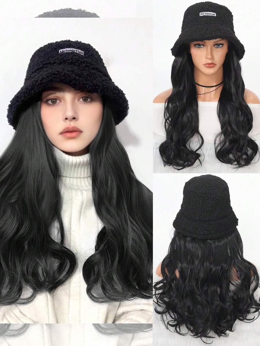 帶帽合成長波浪女士假髮，秋冬羊毛針織桶帽假髮，適用於女性和女孩 - 黑色 - 查看 1