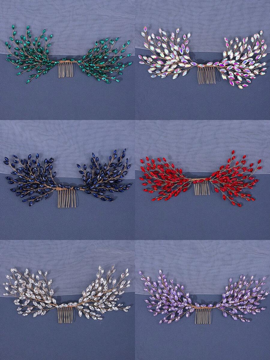 1個新娘髮梳,手工編織鑲嵌鑽石髮飾,適用於婚禮 - 綠色 - 查看 1