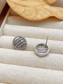 2pcs Shiny Zirconia Round Shaped Earrings, Versatile Fashion Stud Earrings - Silver - View 6