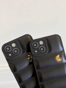 1pair Sun & Moon Patterned Black Couple Camera Lens Protection 3d Puff Jacket Design Phone Case, Compatible With Iphone (2pcs) - Multicolor - View 4