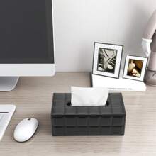 Black Checkered Rectangular Large Size Pu Leather Tissue Box Cover For Dining Table Home Bathroom Decor Bathroom Organizer Fall Decor Back To School - Black - View 5