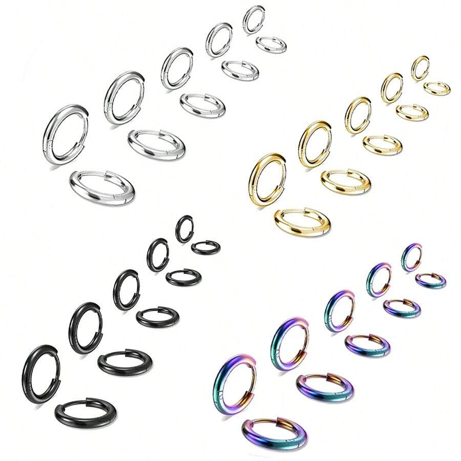 1對/5對時尚簡約朋克不鏽鋼盤旋式耳環,適合男女日常佩戴,尺寸有8mm/10mm/12mm/14mm/16mm可選 - 彩色的 - 查看 1