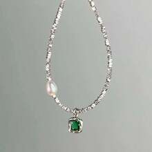 European And American Hot Style! S925 Sterling Silver Sparkling Cauliflower Chain Bracelet With Green Gemstone And Large Pearl Decor, Luxurious And High-End - Silver - View 3