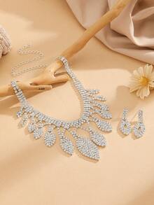 2pcs Women'S Silver Plated Rhinestone Filled Diamond & Teardrop Shaped Jewelry Set Including Necklace & Earrings - Silver - View 4