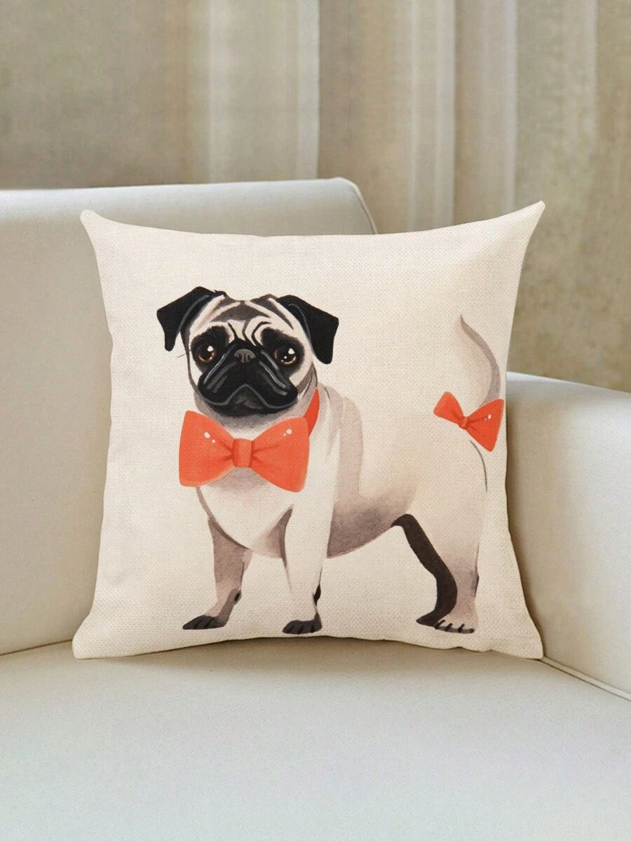 1入組現代可愛風格亞麻材質犬印花枕套(不含內芯),帶拉鍊設計,柔軟觸感,完美的日常家居裝飾靠墊套,方形尺寸為45cm*45cm/17.72in*17.72in - 彩色 - 查看 1