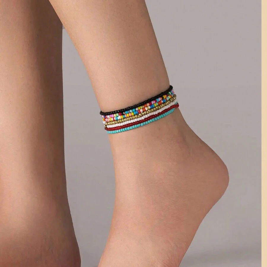 7入組隨機顏色波西米亞風手工珠子女士腳鍊,適合海灘穿著 - 彩色 - 查看 1