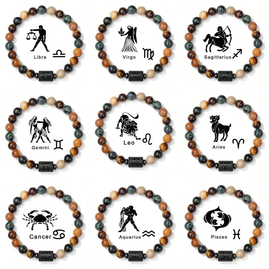 Pulsera De La Suerte De 12 Constelaciones, Hombres Y Mujeres Pulsera De Piedra De Ojo De Tigre De Moda, Pulseras De Piedra Natural, Joyas De Pareja De Virgo, Leo, Libra - Pulsera de constelaciones de tres colores. - Ver 1