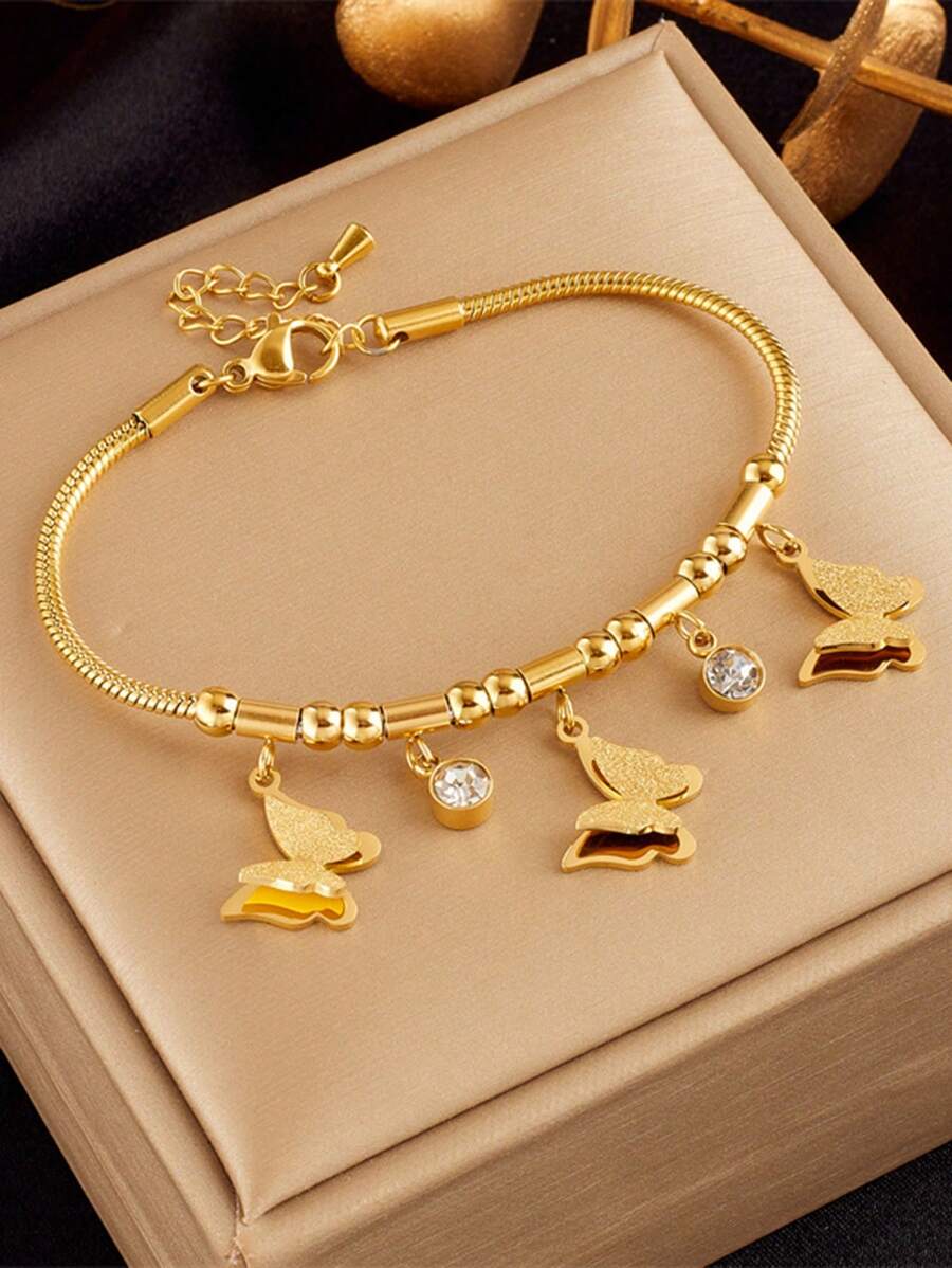 1 Miếng Mạ vàng Thép không gỉ Bướm 3D Vật rủ xuống Liên kết Chuỗi vòng tay - Vàng - Xem 1