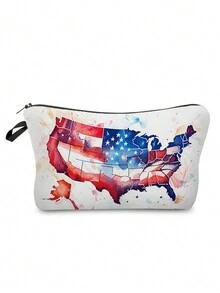Usa Flag Printed Makeup Bag, Portable Women's Travel Storage Bag, Toiletry Organizer, Cosmetic Bag, Fashionable - Green - View 1