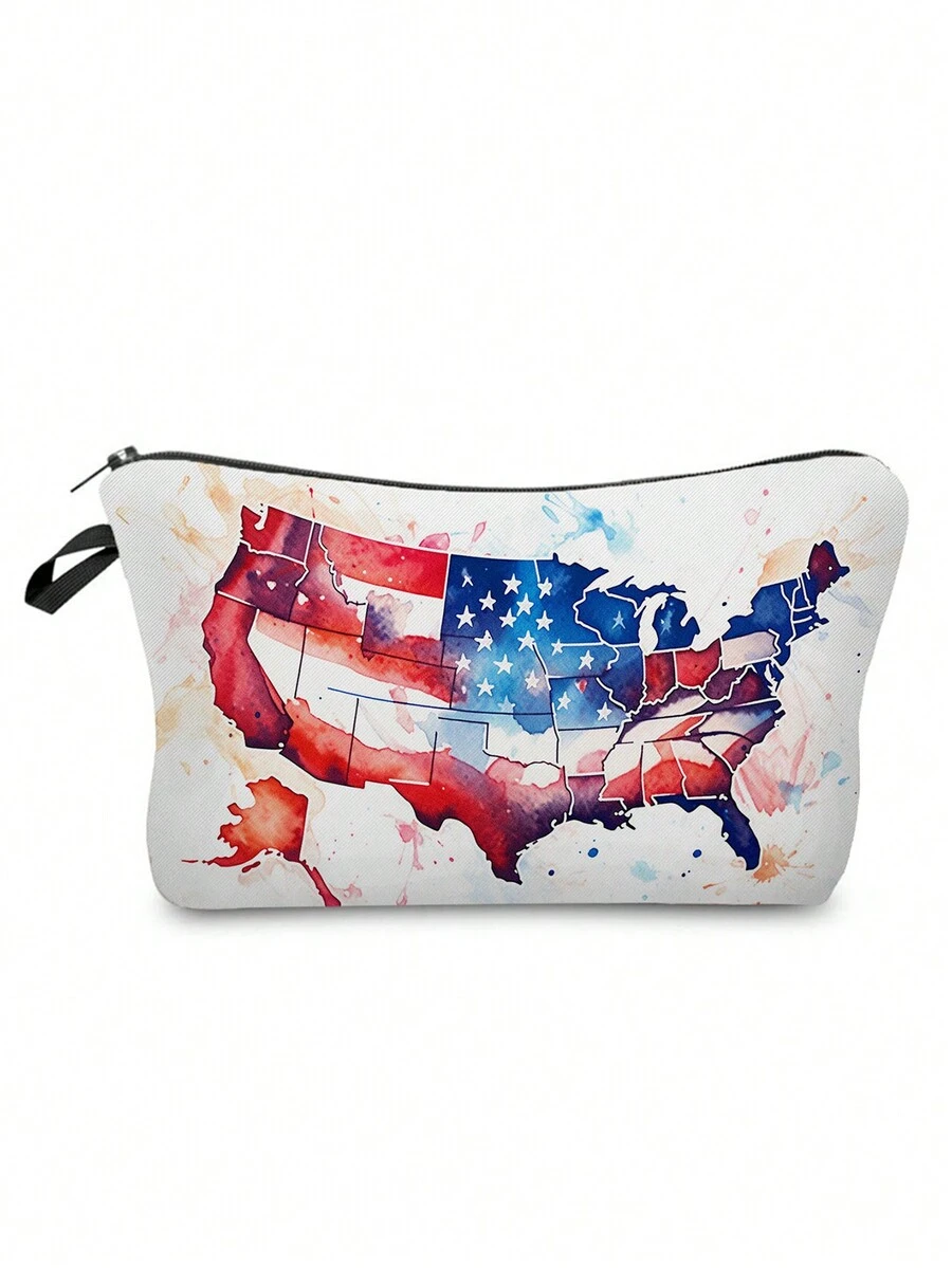 Usa Flag Printed Makeup Bag, Portable Women's Travel Storage Bag, Toiletry Organizer, Cosmetic Bag, Fashionable - Green - View 1