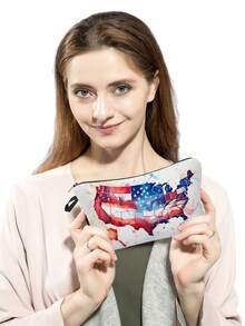 Usa Flag Printed Makeup Bag, Portable Women's Travel Storage Bag, Toiletry Organizer, Cosmetic Bag, Fashionable - Green - View 3