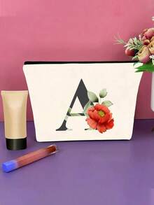 1pc Letter Print Cosmetic Bag, Portable Travel Makeup Pouch Gift - Beige - View 4