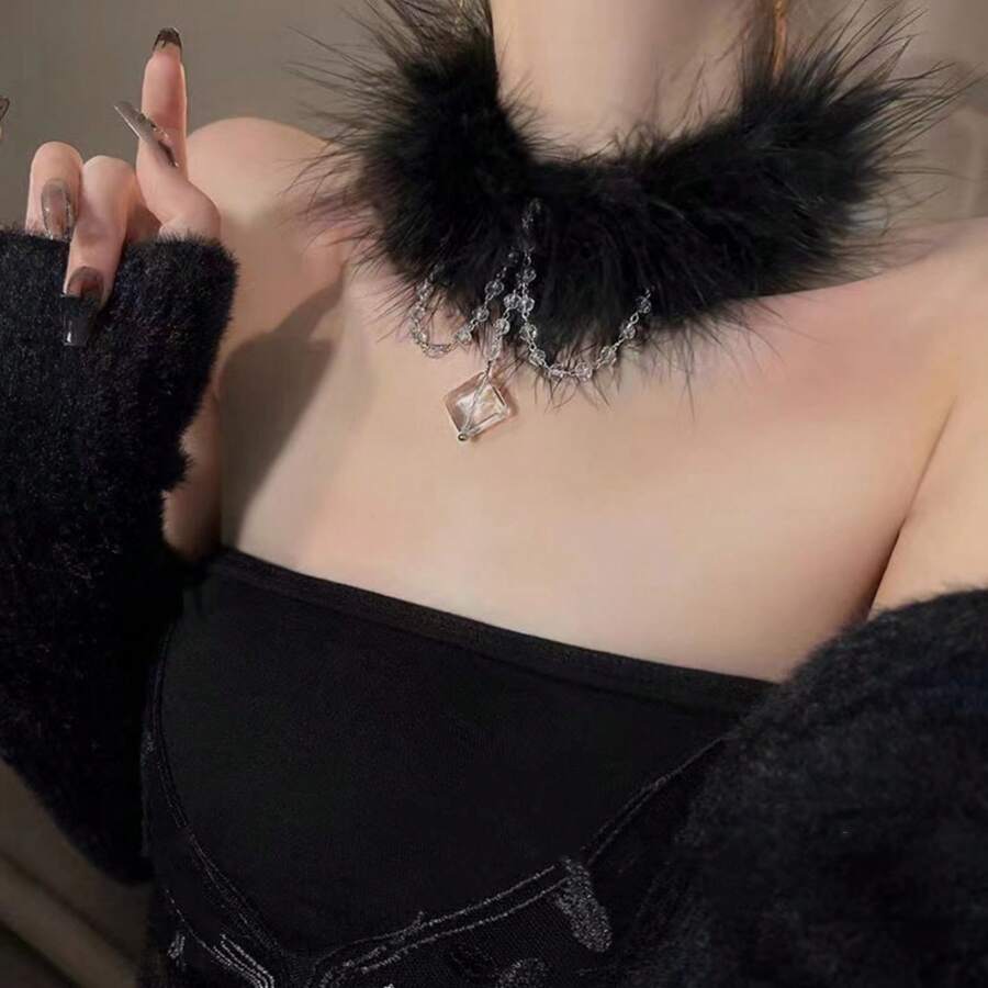 1pc Vintage Crystal Tassel Feather Choker Necklace For Women - Black - View 1
