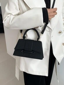 1 Pc Women's Woven PU Leather Flip Closed Fashion Handbag Is Suitable For Daily Use In Autumn And Winter - Black - View 4