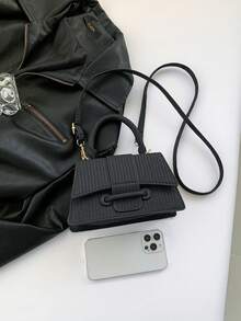 1 Pc Women's Woven PU Leather Flip Closed Fashion Handbag Is Suitable For Daily Use In Autumn And Winter - Black - View 8