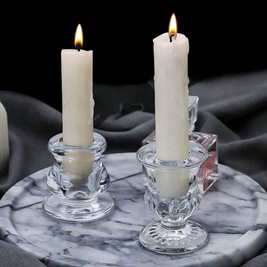 1pc Small Size Glass Taper Candle Holders For Pillar Candle Tea Light Candle Jar Transparent Crystal Candlestick Holder For Home Deco - Clear - View 1