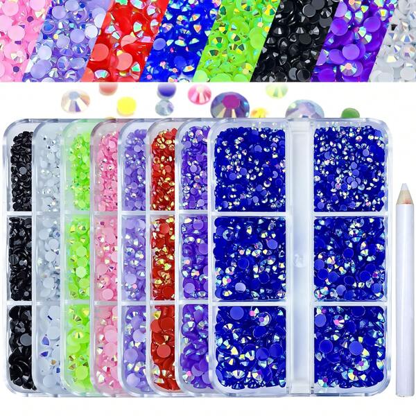 1920pcs / 6 Grids Resin Rhinestones Beads With Wax Pen, Multicolors 2mm 3mm 4mm Non-Hot Fix Flatback Round Jelly Resin Rhinestones For Nail Art Decoration, Face Makeup, DIY Jewelry Craft, Making Accessories, Shoes, Clothes, Bags Nail Charms Nail Gems Nail Supplies