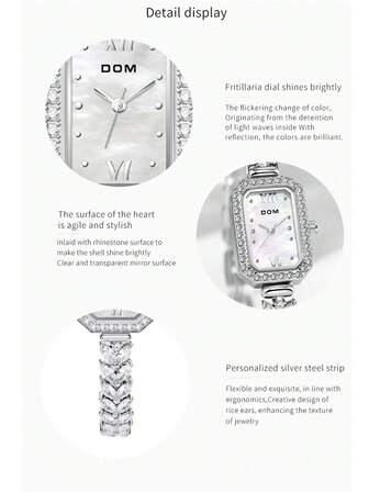 DOM 1pc Elegant Women's Gold And Silver Bracelet Watch, Genuine Crystal Embellishments, Classic Jewelry Design, Waterproof, Small And Stylish Square Dial, Elegant Ladies' Watch, Imported Quartz Automatic Movement With Built-In Long-Life Battery. A Beautiful Gift For Her, Suitable For Everyday Wear And Special Occasions, A Must-Have Fashion Accessory.