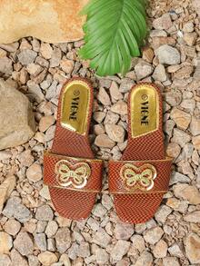 Women's Anti-Slip Striped Burnt Orange Slides With Yellow Bow Decoration, Summer Outdoor Home Fashion Slippers - Burnt Orange - View 1