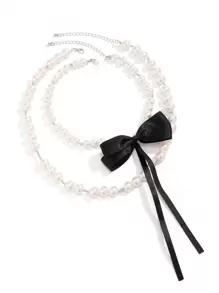 2入組奢華的假珍珠蝴蝶結項鍊,有珠子裝飾的優雅雙層鎖骨鏈,復古長頸鏈首飾,適合女性日常和節日穿戴 - 黑與白 - 查看 7