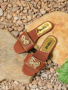 Women's Anti-Slip Striped Burnt Orange Slides With Yellow Bow Decoration, Summer Outdoor Home Fashion Slippers - Burnt Orange - View 2