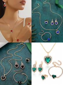 1 对耳环 + 1 戒指 + 1 手链 + 1 项链款式首饰套装镶嵌心形猩红色锆石搭配日常服装派对配饰 - 項鍊+耳環+戒指+手鍊 - 查看 1