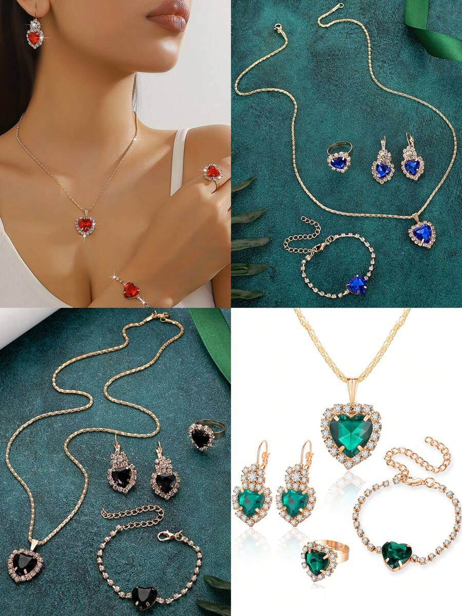 1 对耳环 + 1 戒指 + 1 手链 + 1 项链款式首饰套装镶嵌心形猩红色锆石搭配日常服装派对配饰 - 項鍊+耳環+戒指+手鍊 - 查看 1