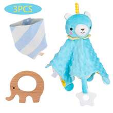 禮物,毯子,嬰兒襁褓毯,新生兒禮物,男嬰毯子,3 件套帶磨牙環和圍兜的紋理毯子,可愛的新生兒禮物（26*26 厘米,藍色） - 藍色 - 查看 2