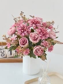 1pc Artificial Flowers Fake Peony Silk Dahlia Daisy Bouquet Decor Plastic Realistic Flower Arrangements For Home Wedding Table Centerpieces Decoration Easter - Pink - View 5