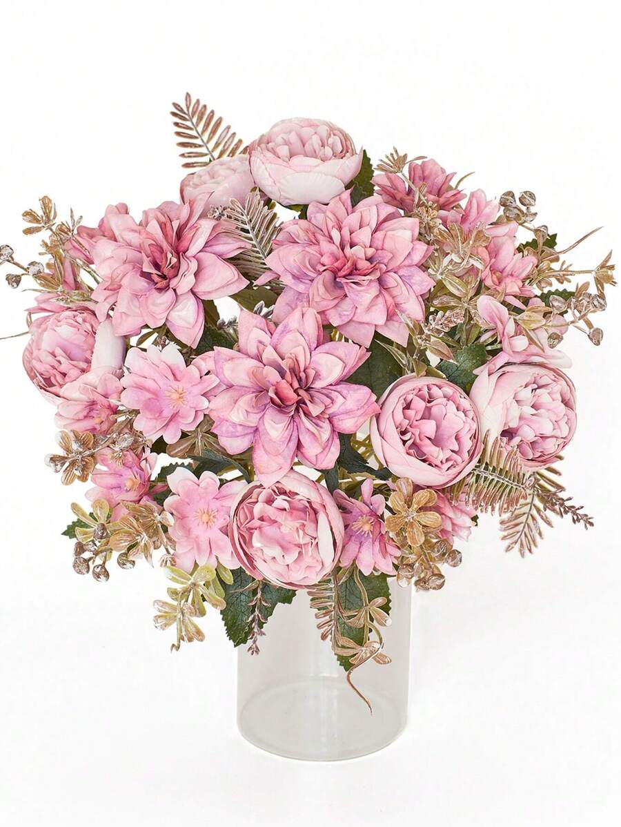 1pc Artificial Flowers Fake Peony Silk Dahlia Daisy Bouquet Decor Plastic Realistic Flower Arrangements For Home Wedding Table Centerpieces Decoration Easter - Pink - View 1
