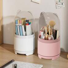 1pc Rotating Makeup Brush Holder For Cosmetic Storage With Dustproof Box - Pink - View 3