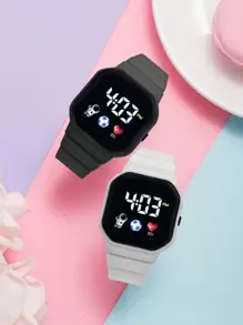 2pcs Kids Black & Pink Casual Sports Football Heart-Shaped Square LED Electronic Watch, Back To School - Multicolor - View 4