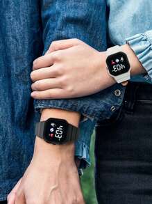 2pcs Kids Black & Pink Casual Sports Football Heart-Shaped Square LED Electronic Watch, Back To School - Multicolor - View 3